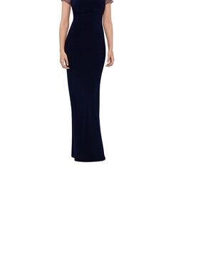 Betsy & Adam Navy Cap-Sleeve Maxi Gown
